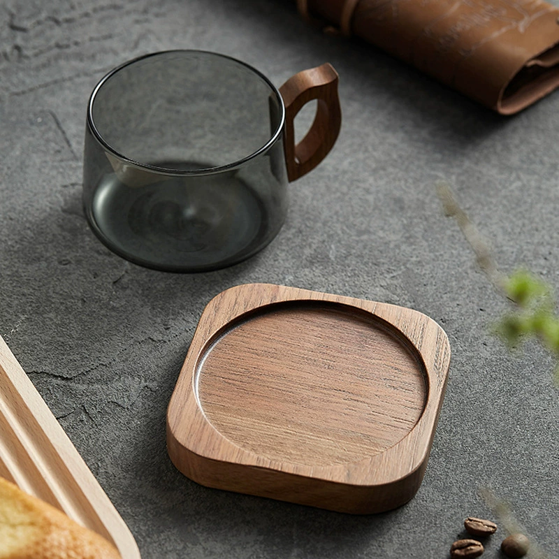 Vintage Gray Glass Coffee Cup with Saucer Walnut Wood Handle