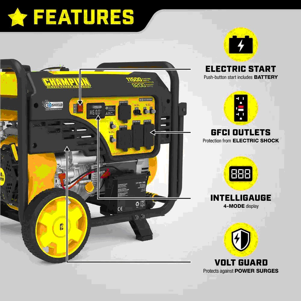 11,500-Watt/9,200-Watt Electric Start Gas Powered Portable Generator with CO Shield