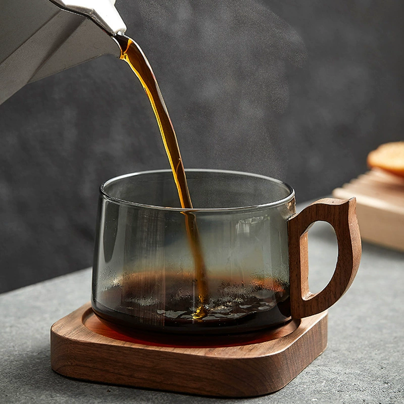 Vintage Gray Glass Coffee Cup with Saucer Walnut Wood Handle