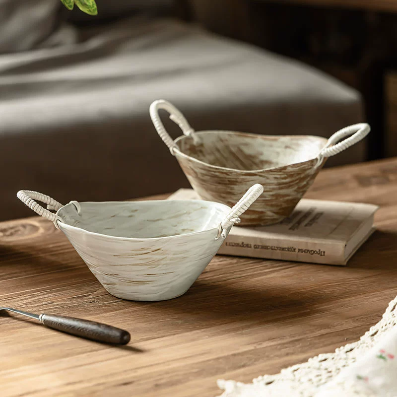 Vintage-Inspired Ceramic Double-Handled Bowl with Braided Rope