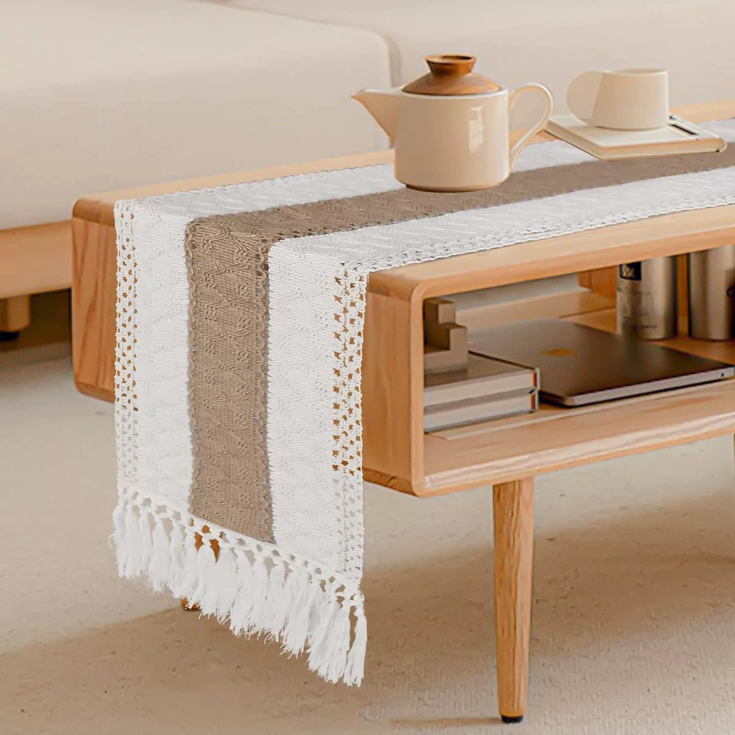 American Country Style Cotton-Linen Table Runner - Knotted Tassels, Woven Thick Rope & Fabric Tassel Design