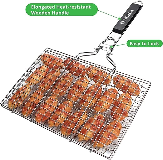 Fish Grilling Basket, Folding Portable Stainless Steel BBQ Grill Basket for Fish Vegetables Shrimp with Removable Handle, Come with Basting Brush and Storage Bag (01)