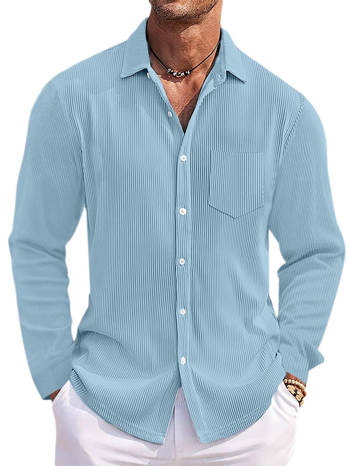 Mens Solid Color Loose Fit Vertical Striped Long Sleeve Shirt Comfortable Casual