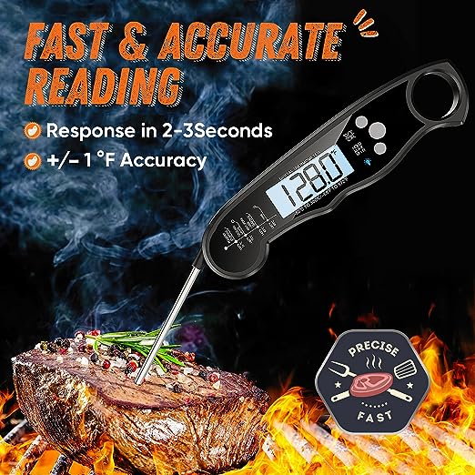 Instant Read Meat Thermometer for Grill and Cooking, Fast & Precise Digital Food Thermometer with Backlight, Magnet, Calibration, and Foldable Probe for Kitchen, Outdoor Grilling and BBQ!…