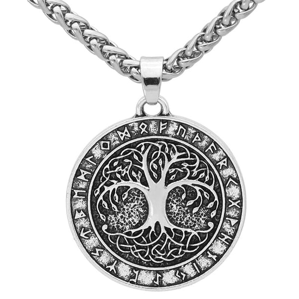 Nordic Vintage Tree of Life Round Pendant Viking Rune Necklace Antique Bronze Silver Color Men Women Jewelry Gifts