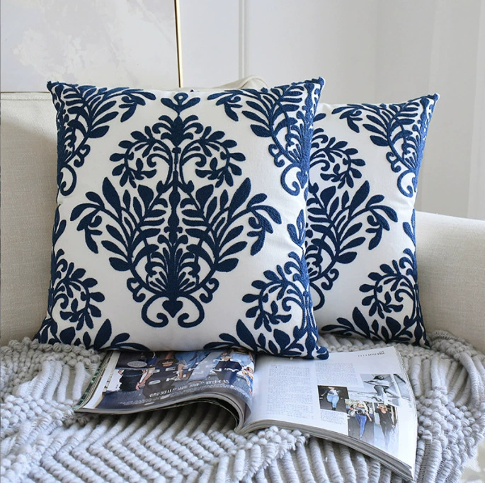 New Chinese Style Classical Home Sofa Cushion Cover - Embroidered Vintage Pillow Case with Blue and White Porcelain Design