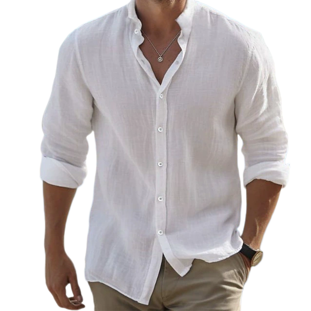 Men Linen Button Down Shirt Summer Beach Shirt Long Sleeve Solid Color Stand Collar Spring Summer Casual Daily Wear