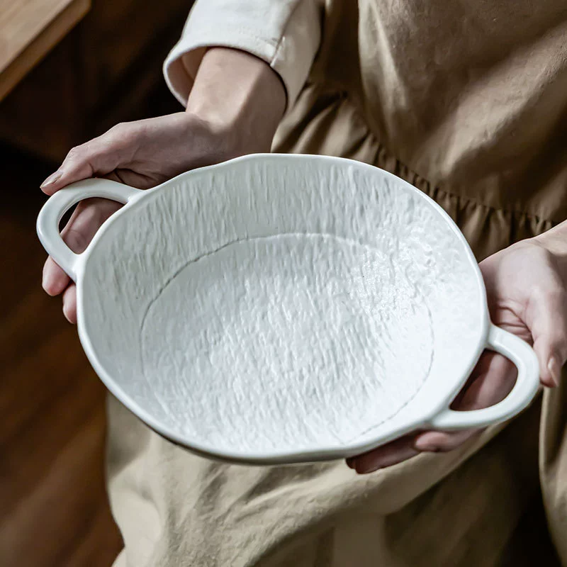 Elegant White Stoneware Double-Handled Bowl