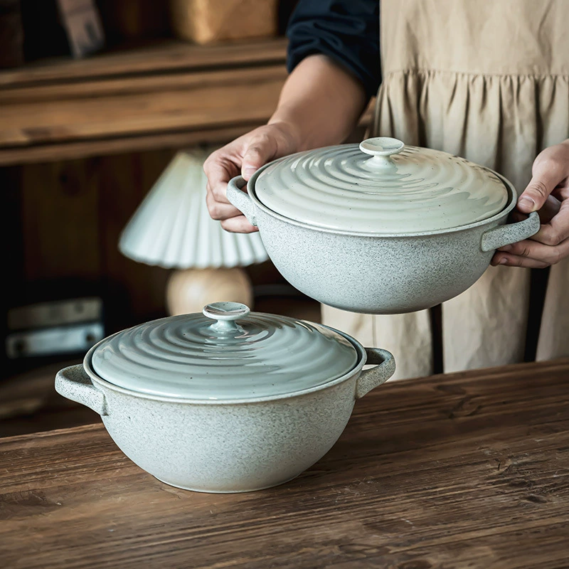 Vintage Ceramic Double-Handled Soup Bowl with Lid