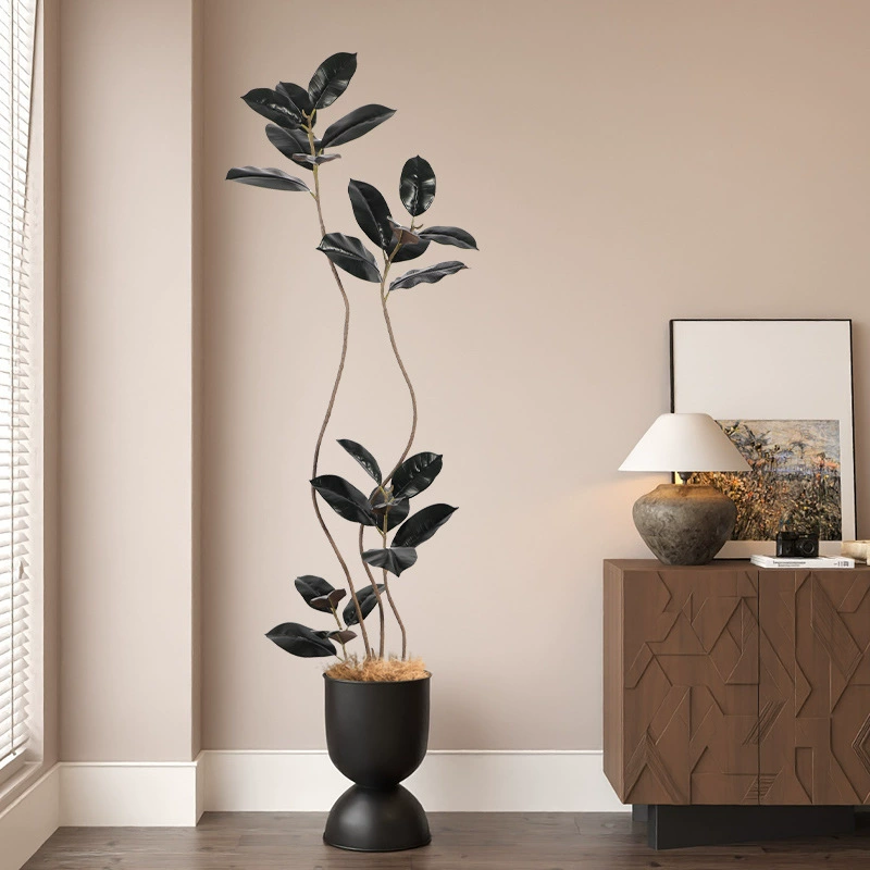 Faux Black King Rubber Tree - High-End Artificial Greenery for Living Room and Floor Display