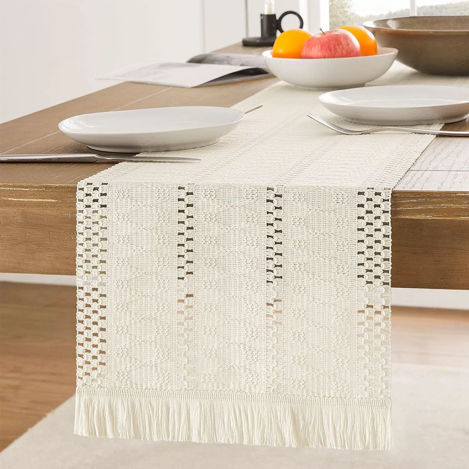 Cotton-Linen Patchwork Woven Table Runner - 6cm Tassel Trim, Elegant Table Flag