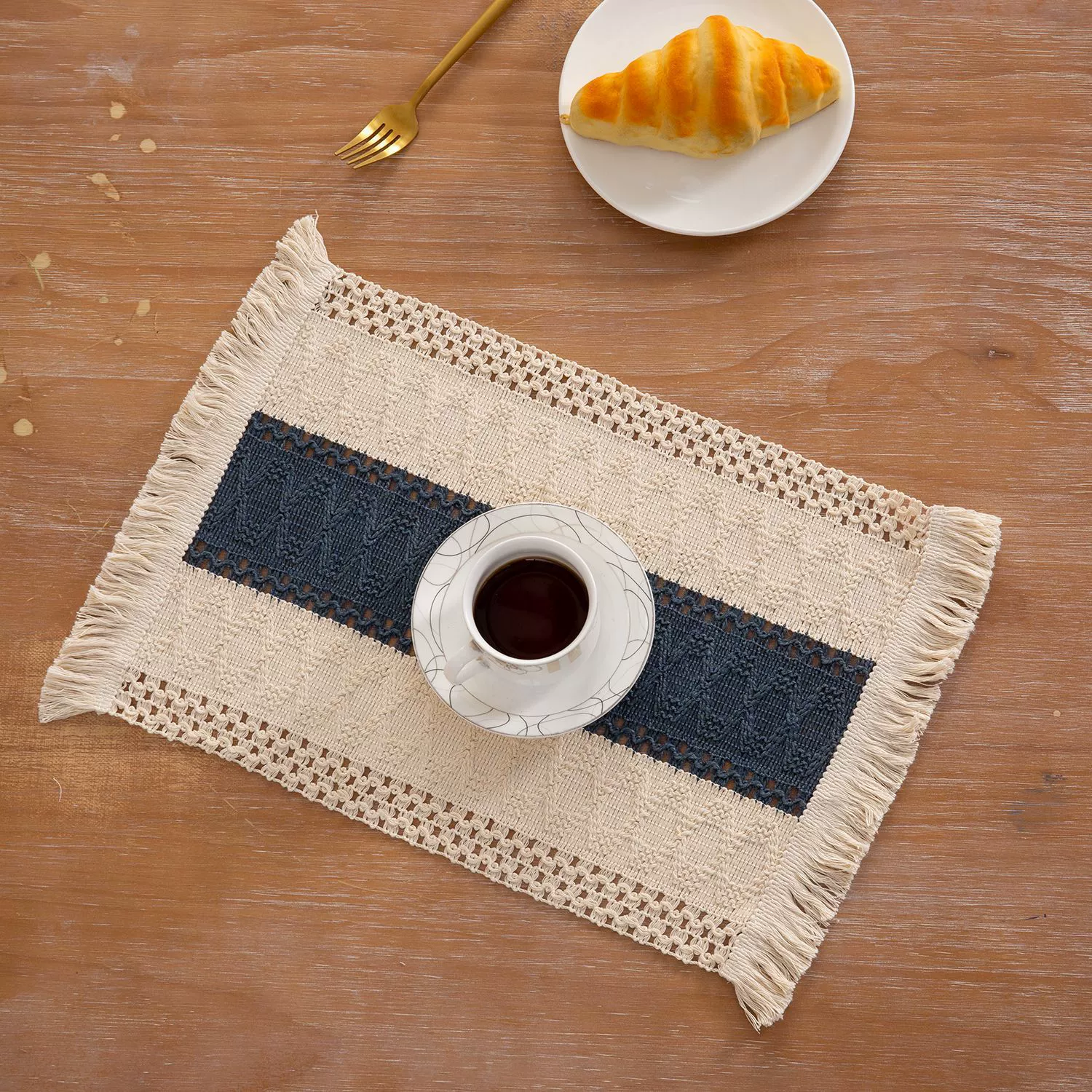 Cotton-Linen Rope Placemat - Woven Color-Block Stripes with Tassels, Holiday Table Mat & Bowl Pad