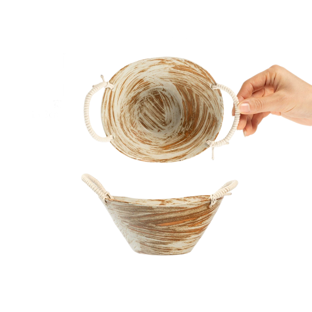 Vintage-Inspired Ceramic Double-Handled Bowl with Braided Rope