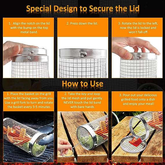 Grill Basket 2 PCS, BBQ Grill Basket, Rolling Grilling Basket, Stainless Steel Grill Mesh Barbeque Grill Accessories, Portable Grill Baskets for Outdoor Grill for Fish, Shrimp, Meat, Vegetables, Fries