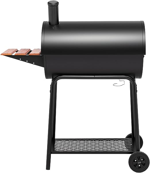 Royal Gourmet CC1830V 30 Barrel Charcoal Grill with Wood-Painted Side Front Table, 627 Square Inches Cooking Space, for Outdoor Backyard, Patio and Parties, Black