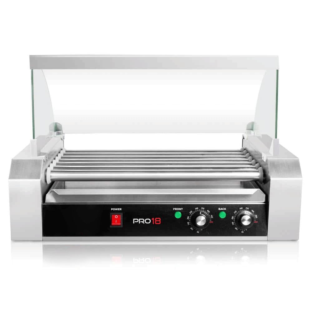 Olde Midway 167 sq. in. Stainless Steel Indoor Grill Hot Dog and Sausage Electric Countertop Cooker Machine with 7-Rollers and Cover ROLL-PRO18-CVR.