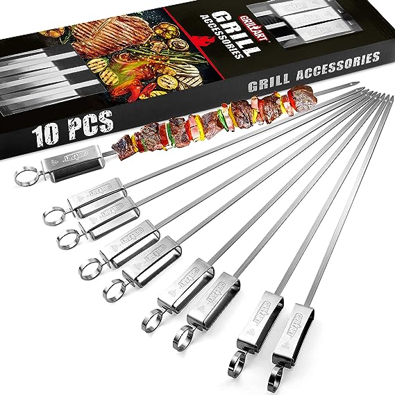 GRILLART Kabob Skewers for Grilling - Metal Skewers for Kabobs with Slider - Flat BBQ Skewers Stainless Steel - 17