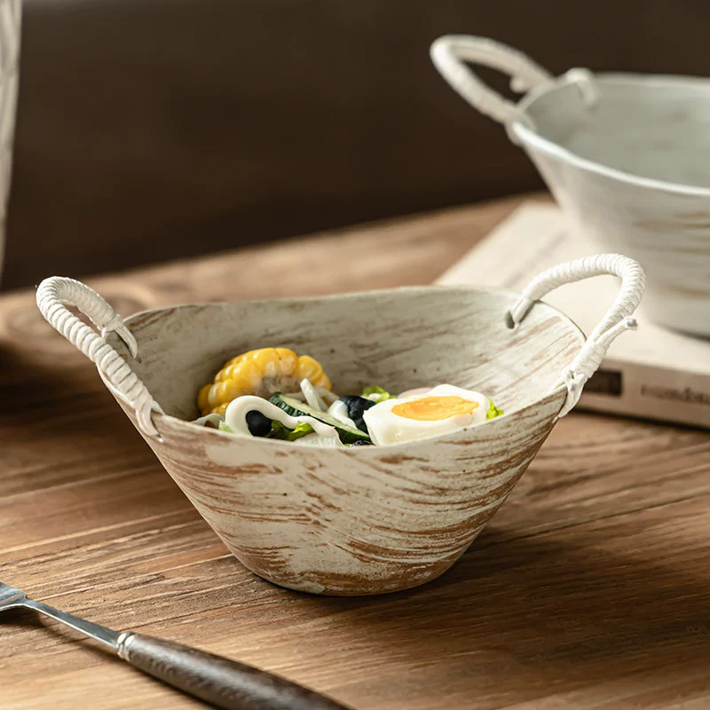 Vintage-Inspired Ceramic Double-Handled Bowl with Braided Rope