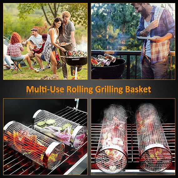 Grill Basket 2 PCS, BBQ Grill Basket, Rolling Grilling Basket, Stainless Steel Grill Mesh Barbeque Grill Accessories, Portable Grill Baskets for Outdoor Grill for Fish, Shrimp, Meat, Vegetables, Fries