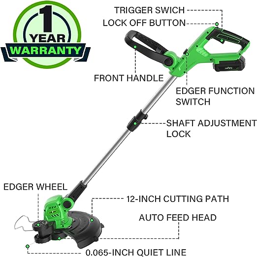 💥SOYUS Weed Wacker Cordless, 12 Inch String Trimmer Battery Powered with Battery and Charger, Lightweight Edger Trimmer with 8 Pcs Replace Spool Trimmer Lines