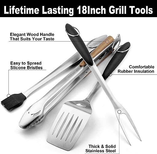 GRILLART BBQ Tools Grill Tools Set - 18Inch Grilling Tools BBQ Set - Grill Accessories w/BBQ Tongs, Spatula, Fork, Brush - Stainless Grill Kit Grilling Set - Gift Ideas BBQ Accessories, Gifts for Men