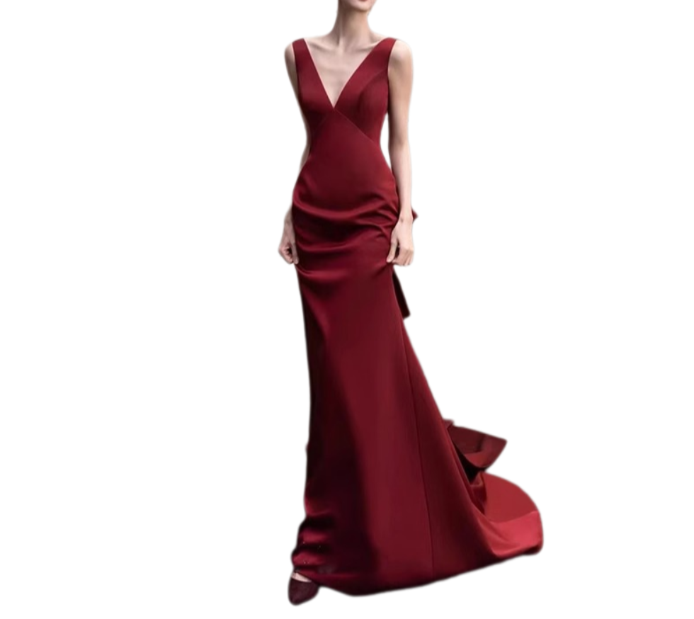 2025 Satin Black Evening Gown – V-Neck Fishtail Dress for Elegant Socialites