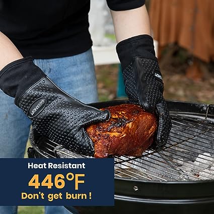 GEEKHOM BBQ Gloves, Grilling Gloves Heat Resistant Oven Gloves, Kitchen Silicone Oven Mitts, Long Waterproof Non-Slip Pot Holder for Barbecue, Cooking, Baking