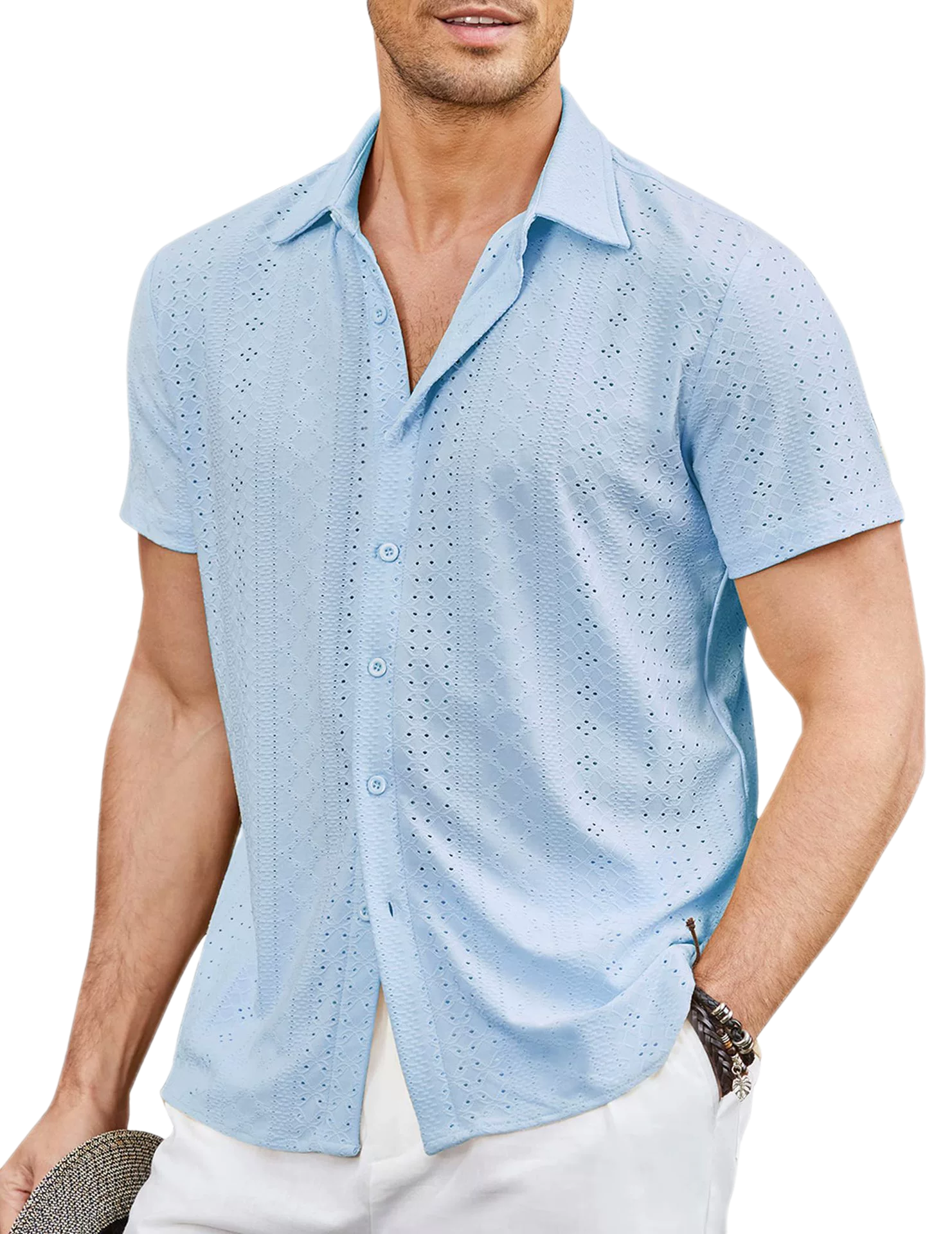 Men Button Beach Shirt Short Sleeve Casual Vacation Summer Long Sleeve Tropical Top