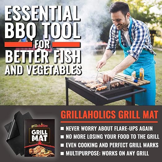 Grillaholics Heavy Duty BBQ Grill Mats for Outdoor Grill - Set of 2 Premium, Non Stick, Reusable & Easy to Clean BBQ Grilling Mats - Best Grill Accessories to Make Grilling Easier & More Fun