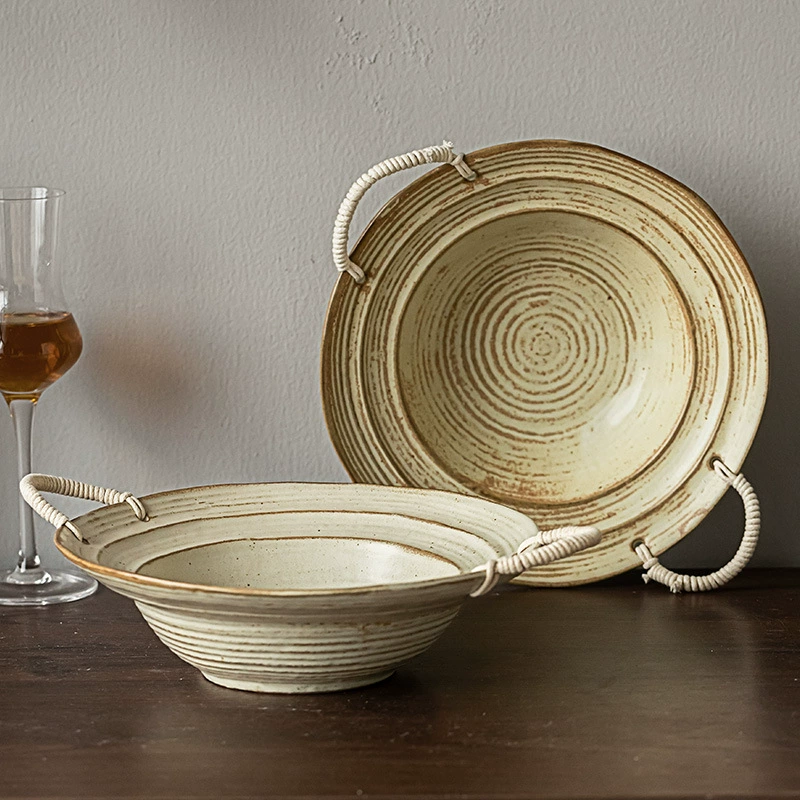 Jute Rope Double-Handled Rustic Ceramic Bowl