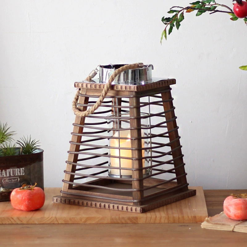 Vintage Wooden Lantern Candle Holder – Handheld Decorative Lamp for Coffee Shops, Showrooms, Bedrooms, Restaurants, and Courtyards, American Style