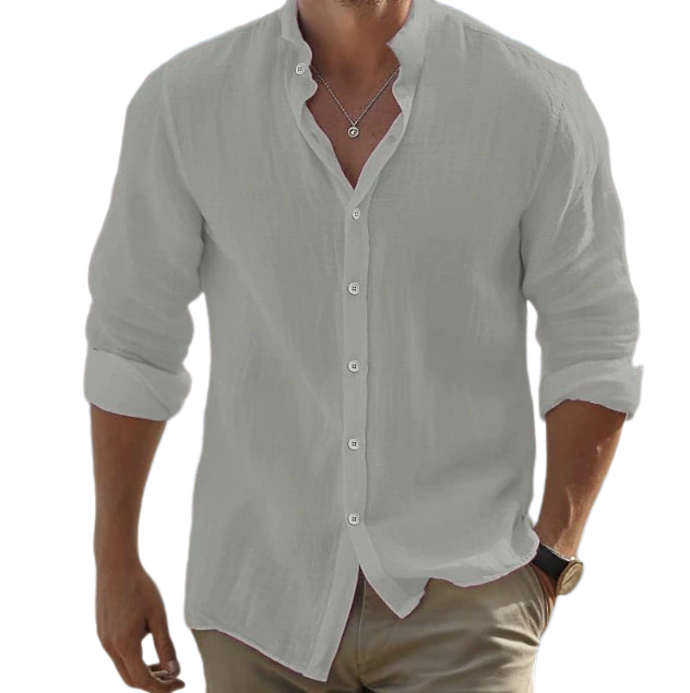 Men Linen Button Down Shirt Summer Beach Shirt Long Sleeve Solid Color Stand Collar Spring Summer Casual Daily Wear