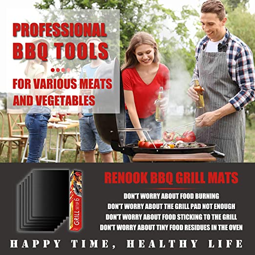 Grill Mat Set of 6-100% Non-Stick BBQ Grill Mats, Heavy Duty, Reusable, and Easy to Clean - Works on Electric Grill Gas Charcoal BBQ - Extended - 15.75 x 13-Inch, Black