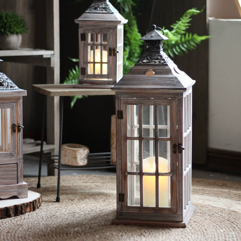 Vintage Wooden & Glass Lantern with Iron Candle Holder – Windproof Floor Lamp, European Style Decorative Piece, Rustic Photo Prop