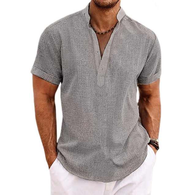 Men Linen Summer Beach Shirt Short Sleeve Solid Color Henry Shirt Summer Casual Daily Men Shirt