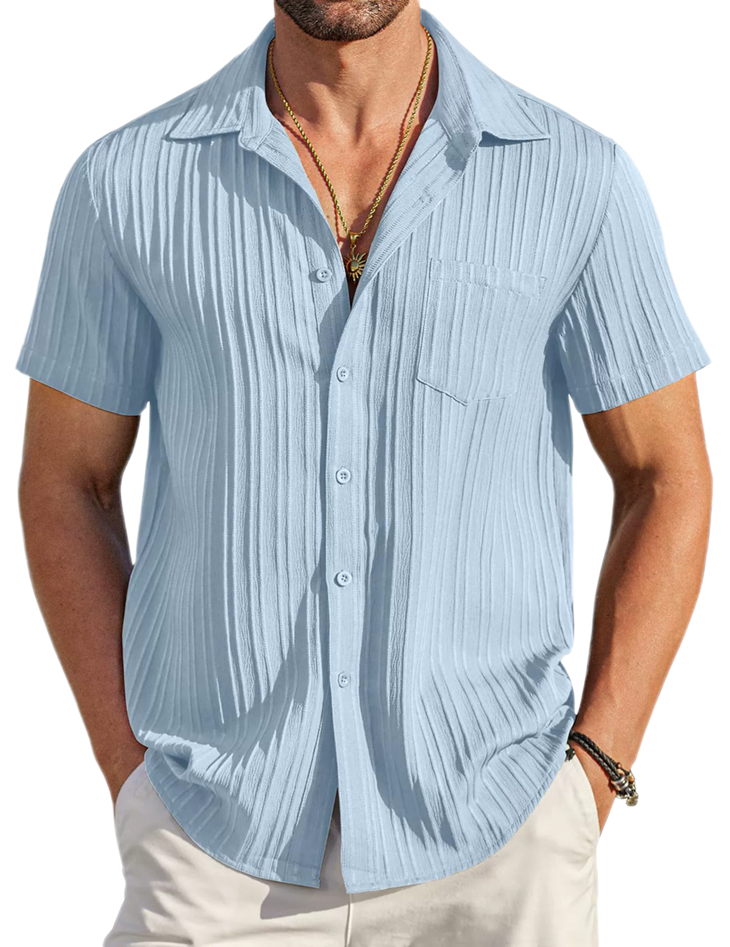 Men's Summer Polo Collar Short Sleeve Button Up Shirt Solid Color Casual Stylish