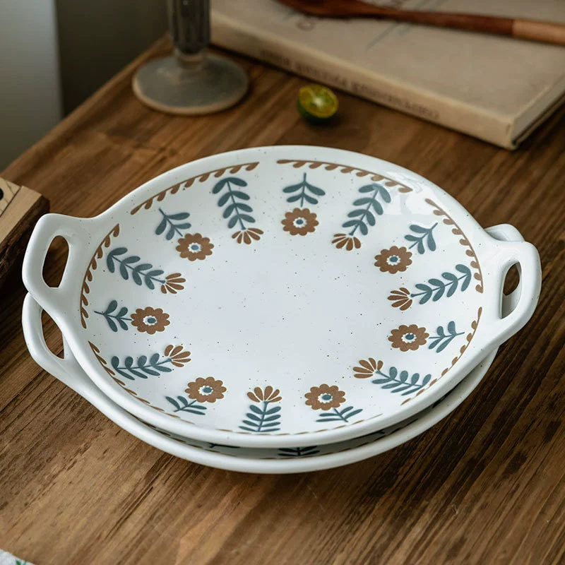 Vintage Floral Ceramic Double-Handled Plate