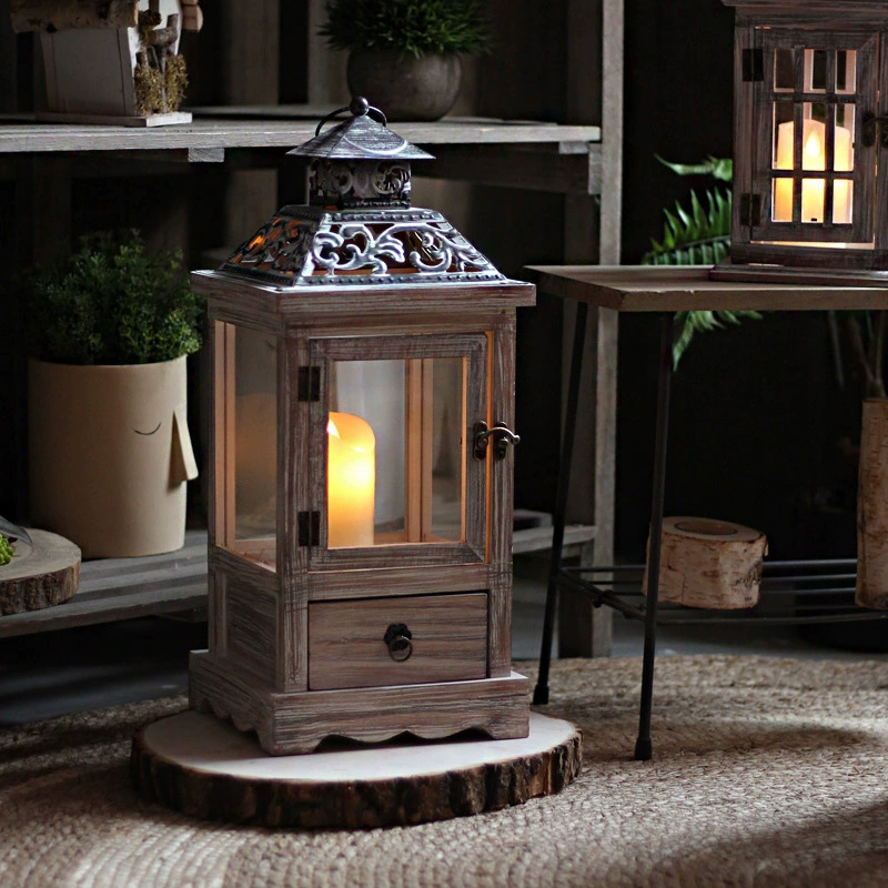 Vintage Wooden & Glass Lantern with Iron Candle Holder – Windproof Floor Lamp, European Style Decorative Piece, Rustic Photo Prop
