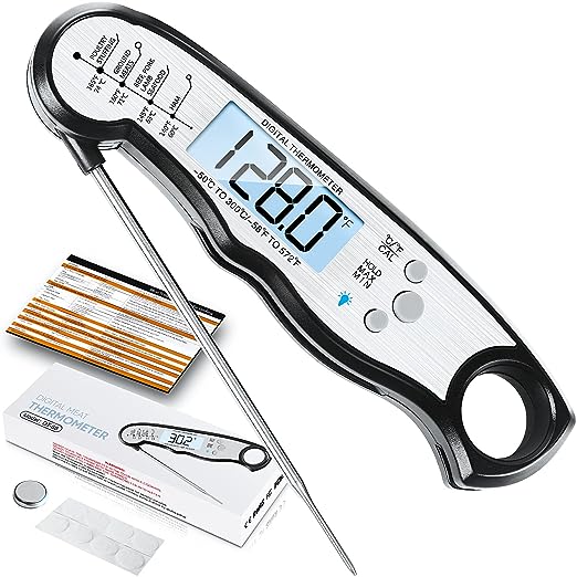 Instant Read Meat Thermometer for Grill and Cooking, Fast & Precise Digital Food Thermometer with Backlight, Magnet, Calibration, and Foldable Probe for Kitchen, Outdoor Grilling and BBQ!…