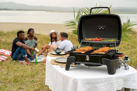 Megamaster 820-0065C 1 Burner Portable Gas Grill for Camping, Outdoor Cooking , Outdoor Kitchen, Patio, Garden, Barbecue with Two Foldable legs, Red + Black