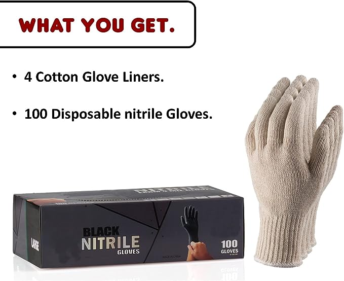 Nechtik BBQ Gloves 4 Cotton Glove Liners and 100 Disposable Gloves Washable Cotton Liners Powder Latex Free Nitrile Gloves