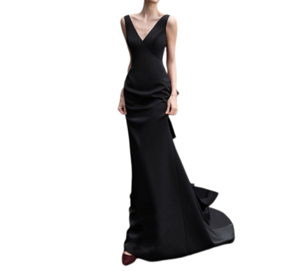 2025 Satin Black Evening Gown – V-Neck Fishtail Dress for Elegant Socialites