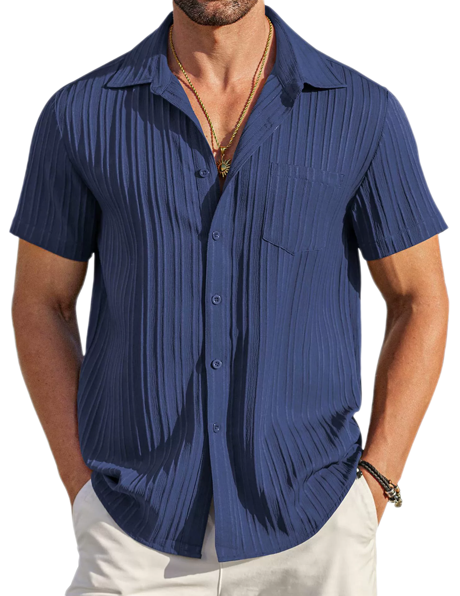 Men's Summer Polo Collar Short Sleeve Button Up Shirt Solid Color Casual Stylish