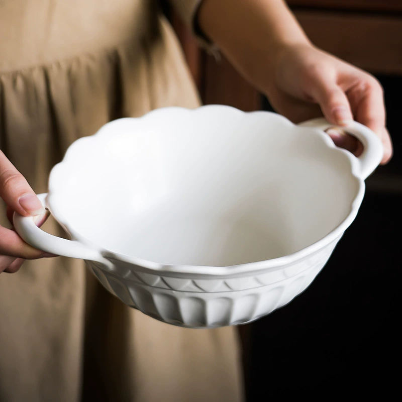 Japanese-Inspired Embossed Double-Handled Ceramic Bowl