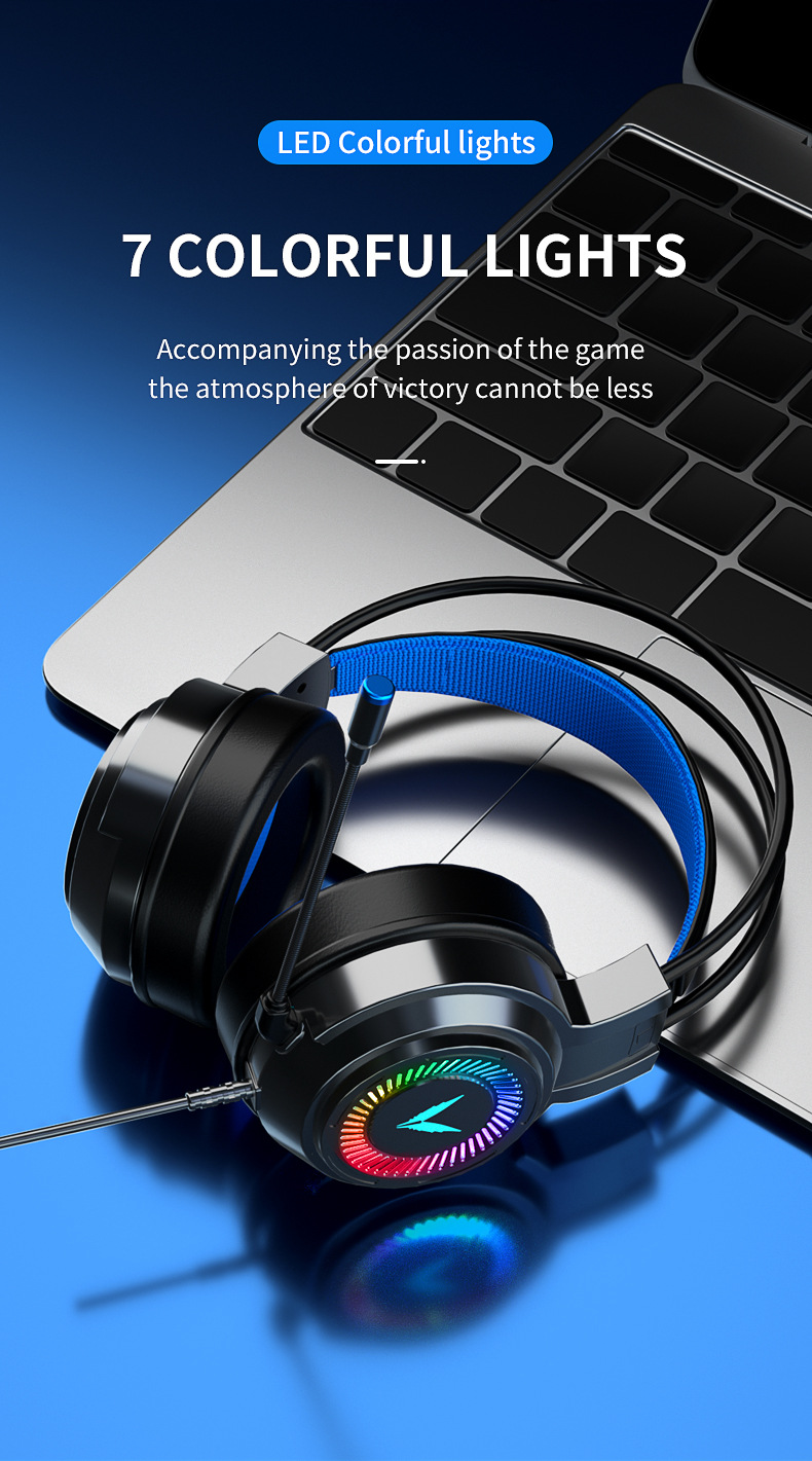 RGB Gaming Headset with Noise-Cancelling Microphone and 50mm Speaker - Black with 7-Color Lighting, Dual Plug, for Desktop Computers
