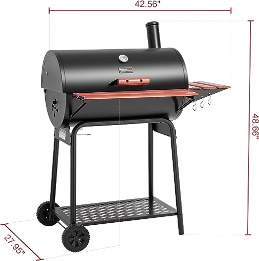 Royal Gourmet CC1830V 30 Barrel Charcoal Grill with Wood-Painted Side Front Table, 627 Square Inches Cooking Space, for Outdoor Backyard, Patio and Parties, Black