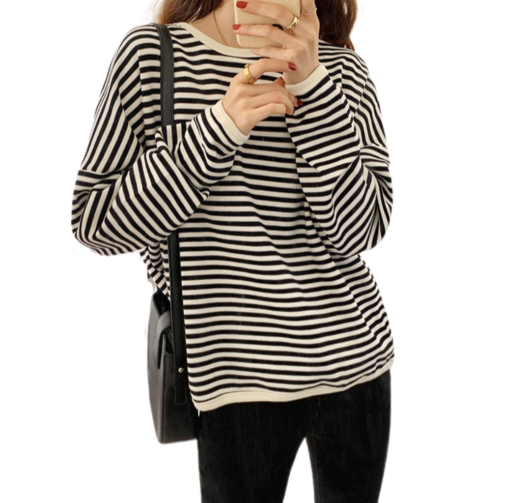 Korean-Style Striped Loose-Fit Pullover Sweatshirt – Lightweight Casual Oversized Top for Women