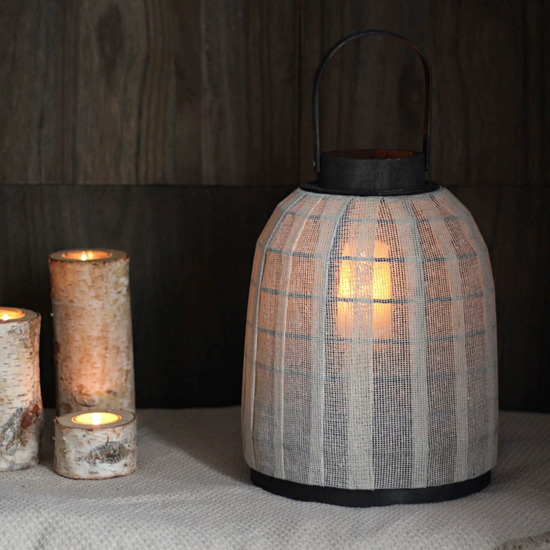 Vintage White Fabric Lantern with Wooden Handle – Candle Holder Decorative Piece for Garden, Courtyard, and Guesthouse, New Chinese & Nordic Style