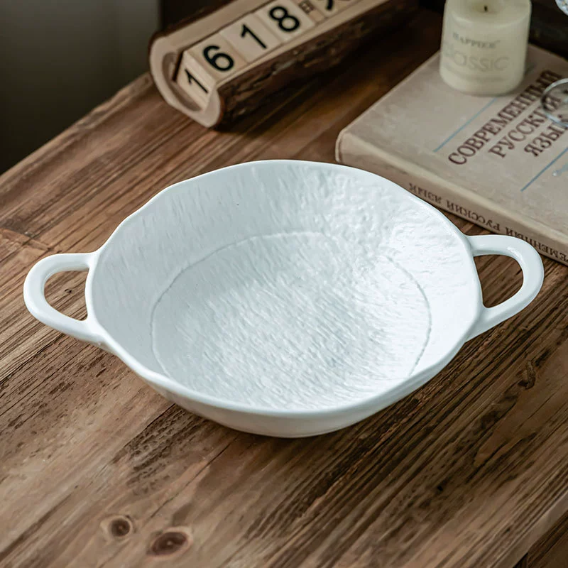 Elegant White Stoneware Double-Handled Bowl