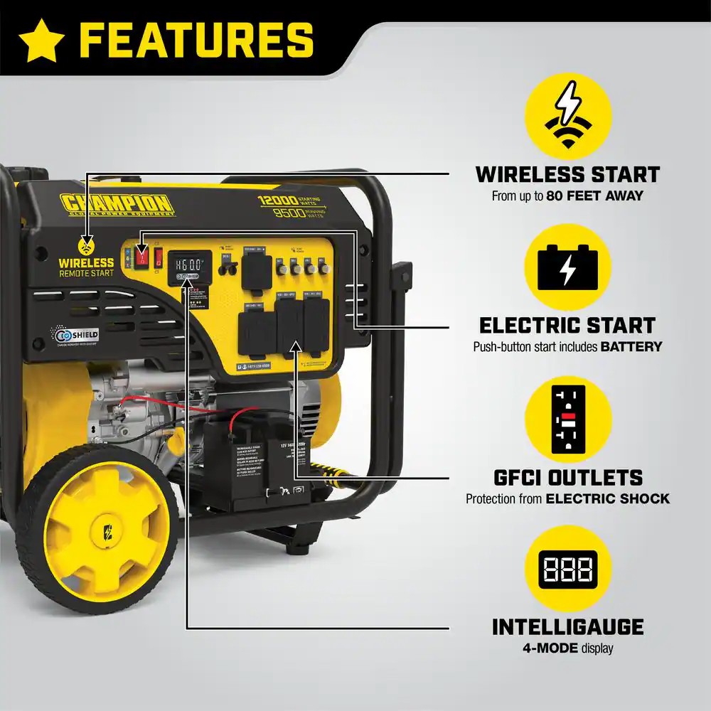 12,000/9,500-Watt Wireless Remote Start Gasoline Powered Portable Generator with CO Shield